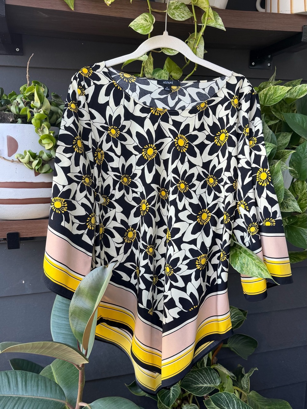 Floral Handkerchief Blouse with Boatneck and Bell Sleeves - Womens Medium